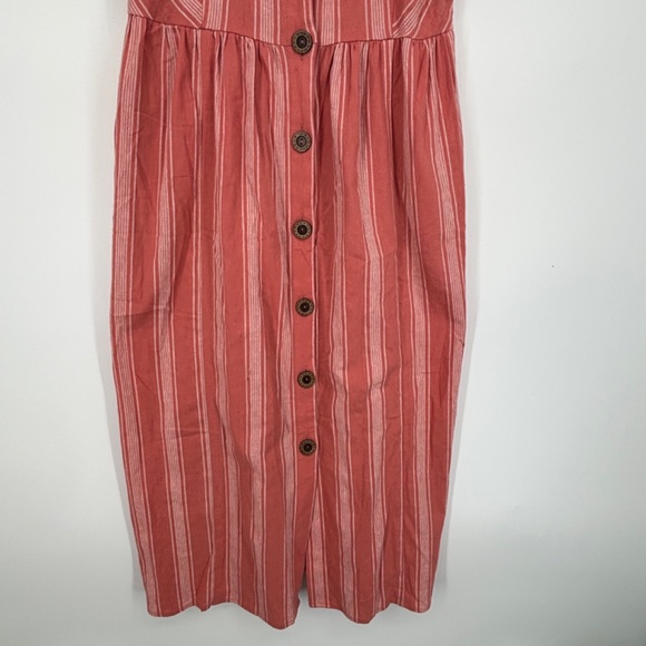 Forever 21 Juniors Medium Sleeveless Sun Dress Coral White Stripes Button Front - Picture 3 of 9